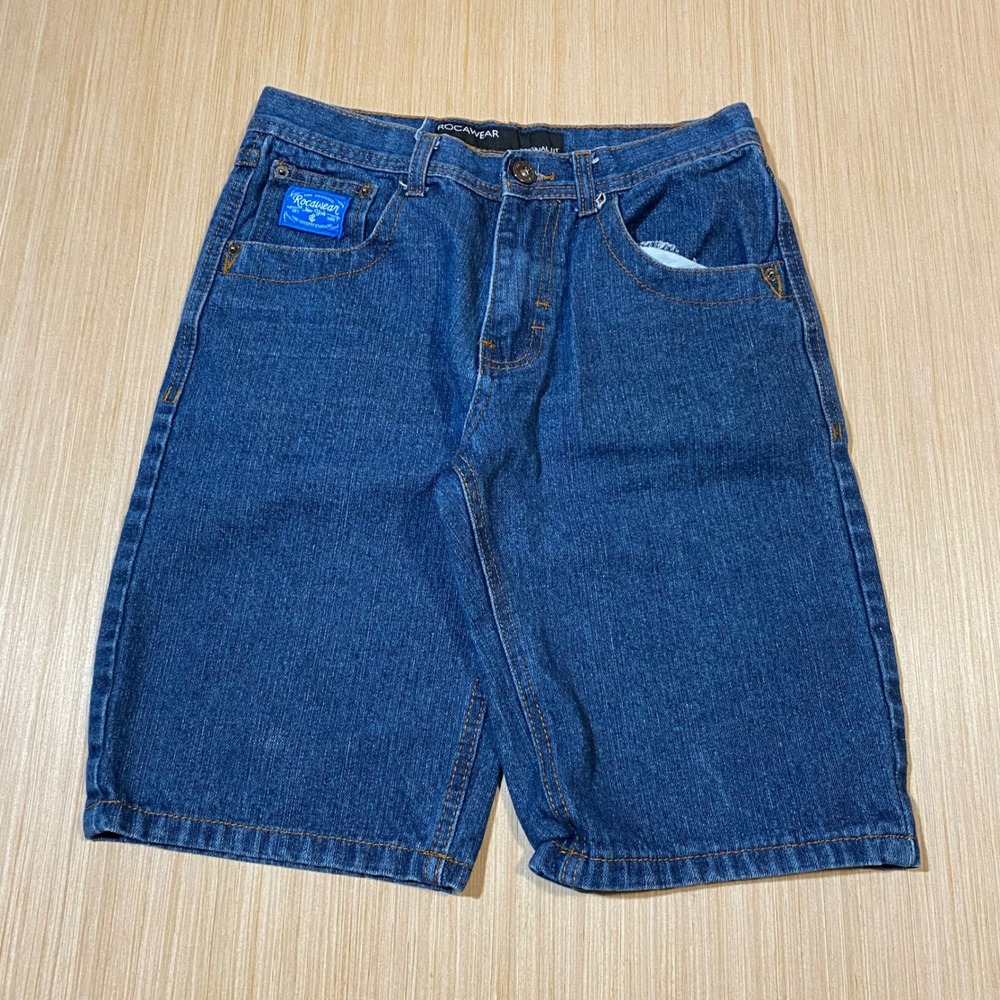 Rocawear Womens Denim Shorts Dark Wash Embroidered Back Pockets Jorts Size 28